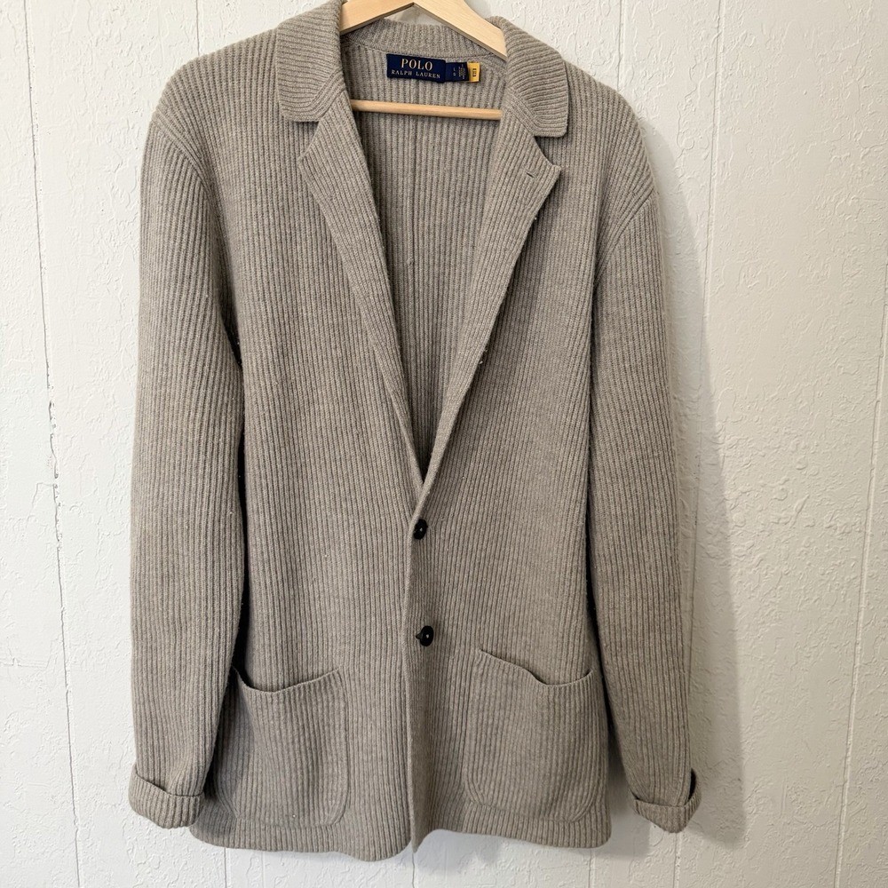 $398 Polo Ralph Lauren Men's Grey Wool Jacket Large Long Sleeve Cardigan